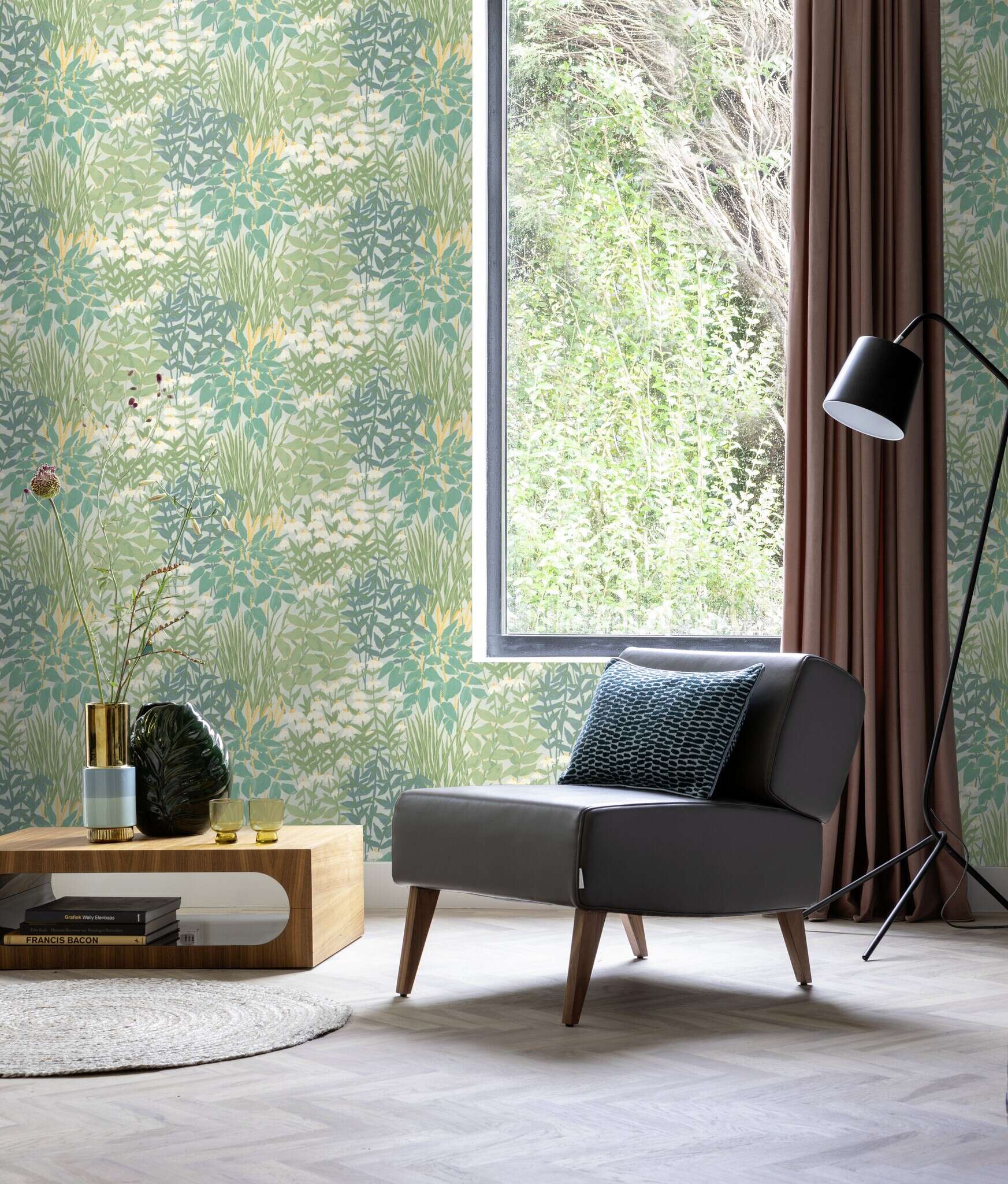 10-371017 Raumsituationen 3 Wildscape 371017 self-adhesive wallpaper - plants and flowers in green and blue
