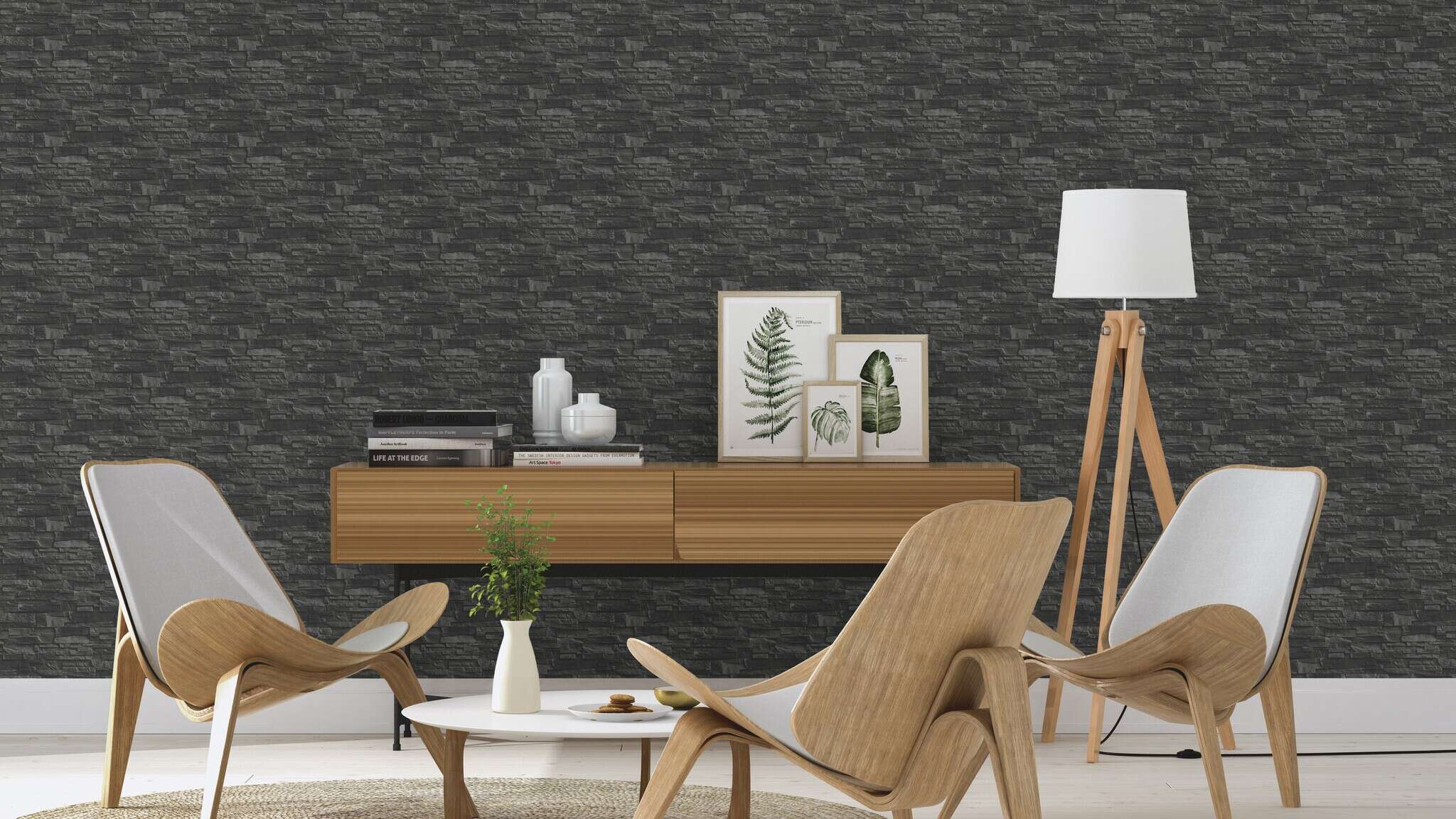 10-475036 Raumsituationen 1 Room with Realistic non-woven wallpaper in a slate stone look with a textured surface in dark grey tones with a real 3D look