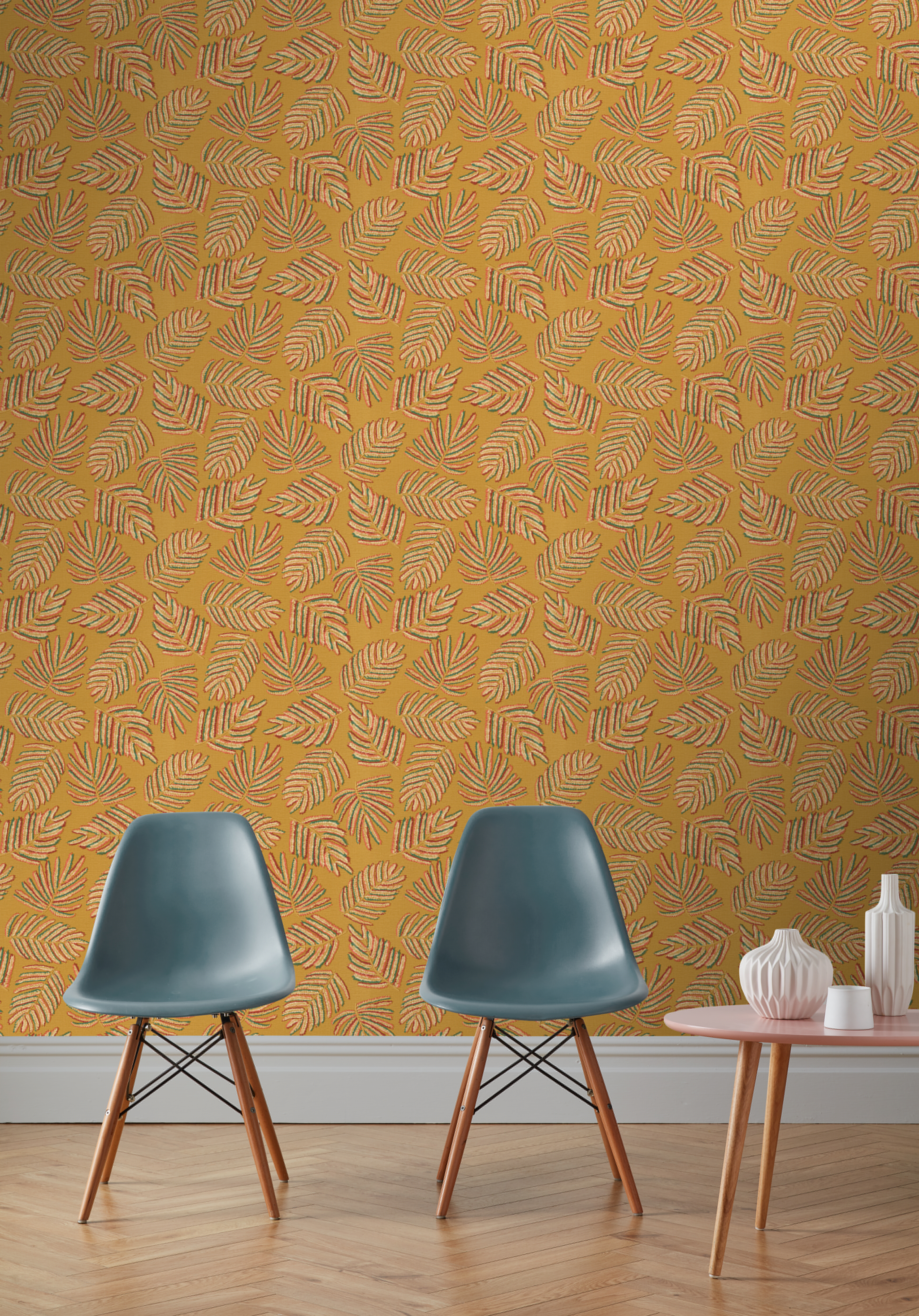 10-461626 Raumsituationen 3 Non-woven wallpaper leaves in yellow 461626