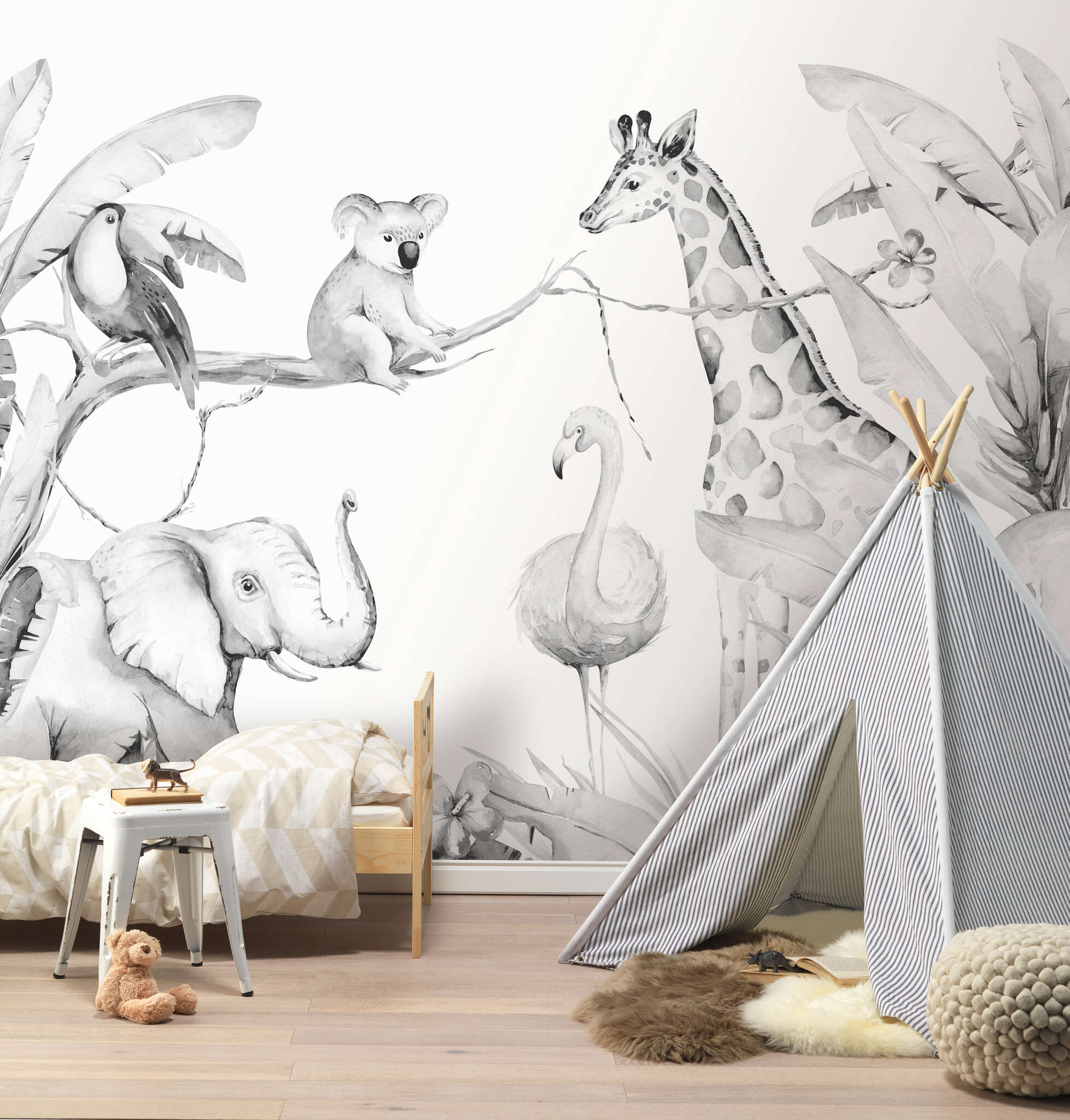 Kinderzimmer mit 253320 - Wandbild - Weißgraue Tier-Szenerie im Urwald Fototapete Dschungel Tiere Schwarz-Weiß - Bambino XIX 253320
