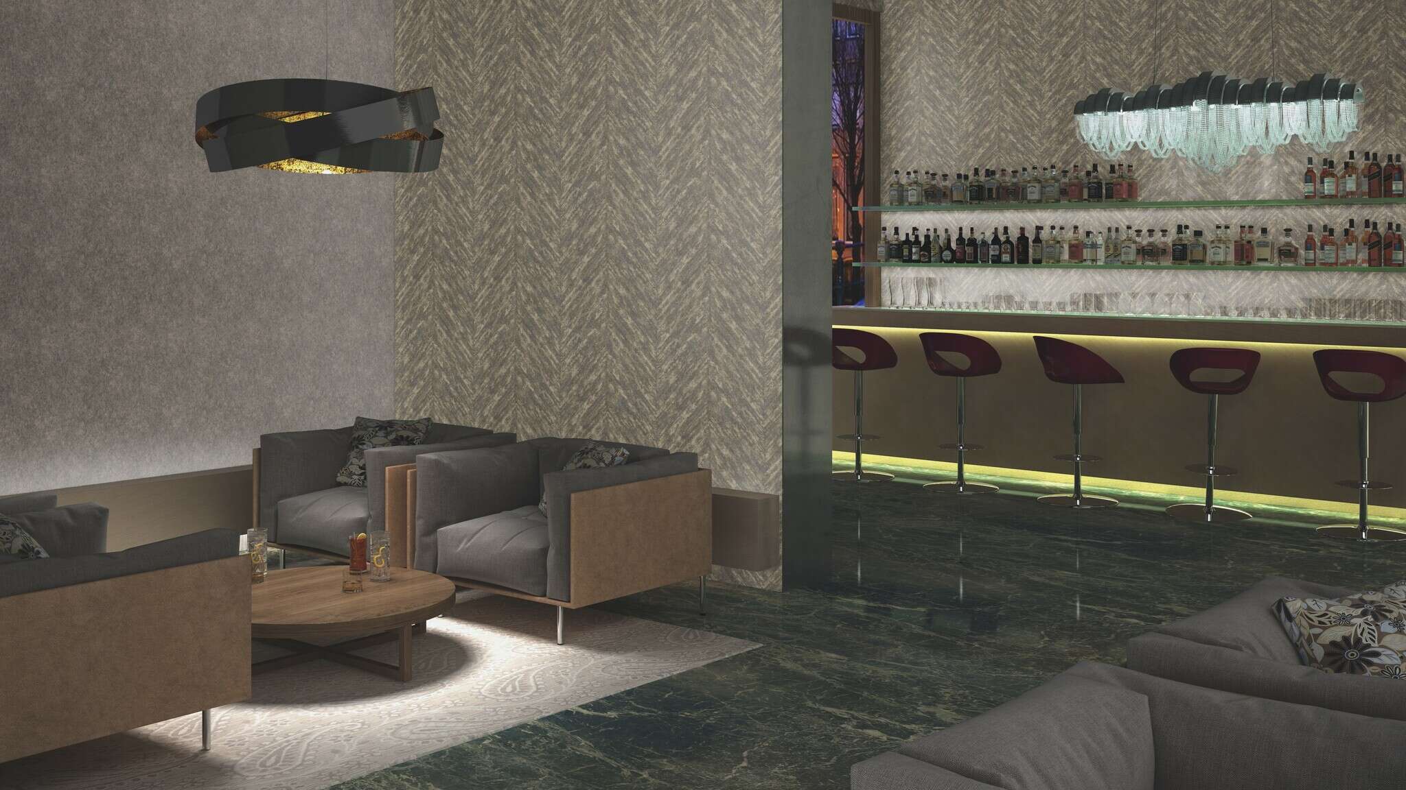 10-617559 Raumsituationen 2 Herringbone non-woven wallpaper in black slate Selection 617559