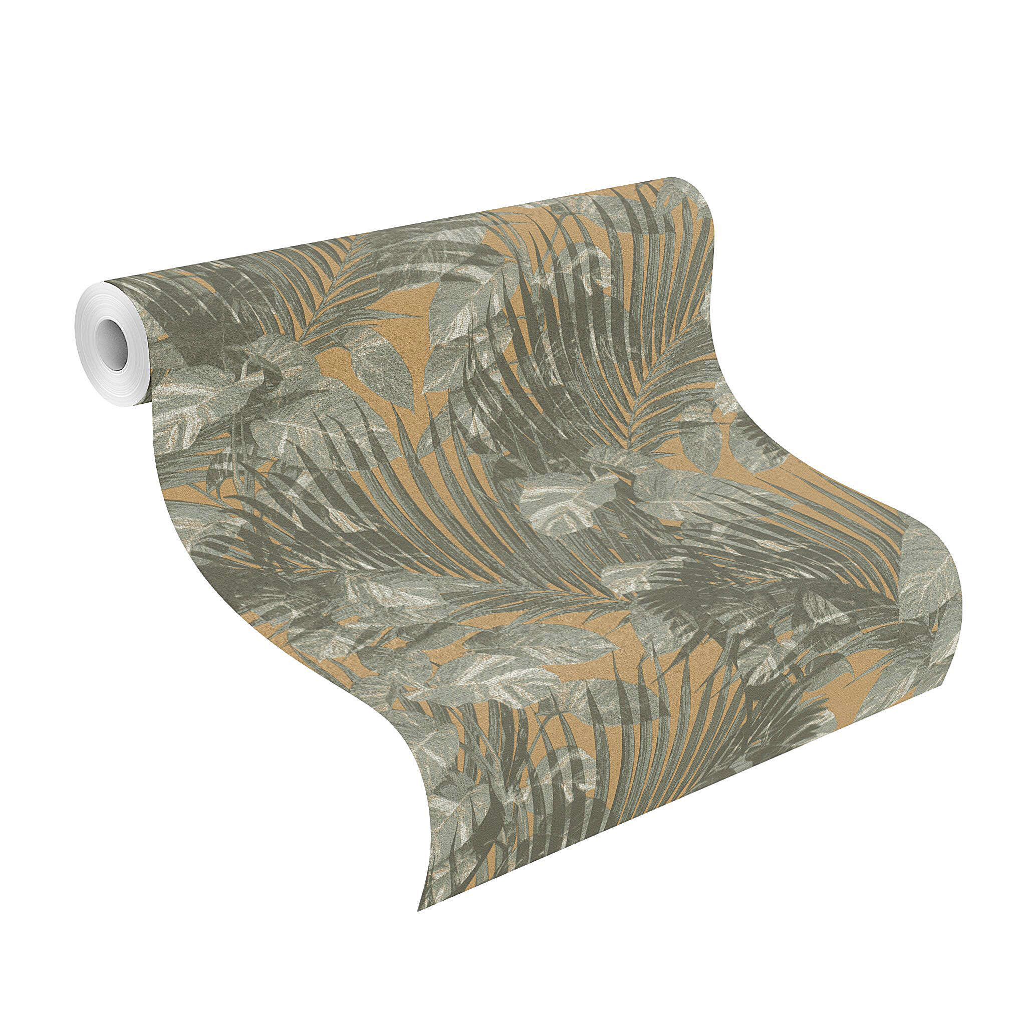 10-600162 Rolle abgerollt 1 Unrolled wallpaper roll with Tropical wallpaper with palm leaves and monstera