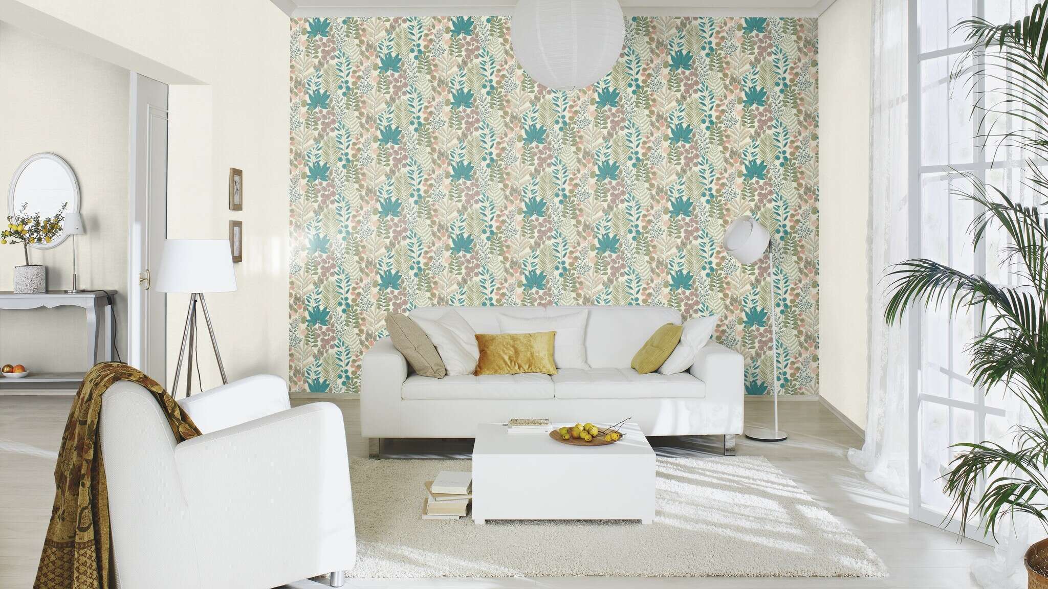 10-465310 Raumsituationen 5 Room with Floral-style illustration with delicate leaves in green, blue, mauve and pink – charming, playful and stylish.