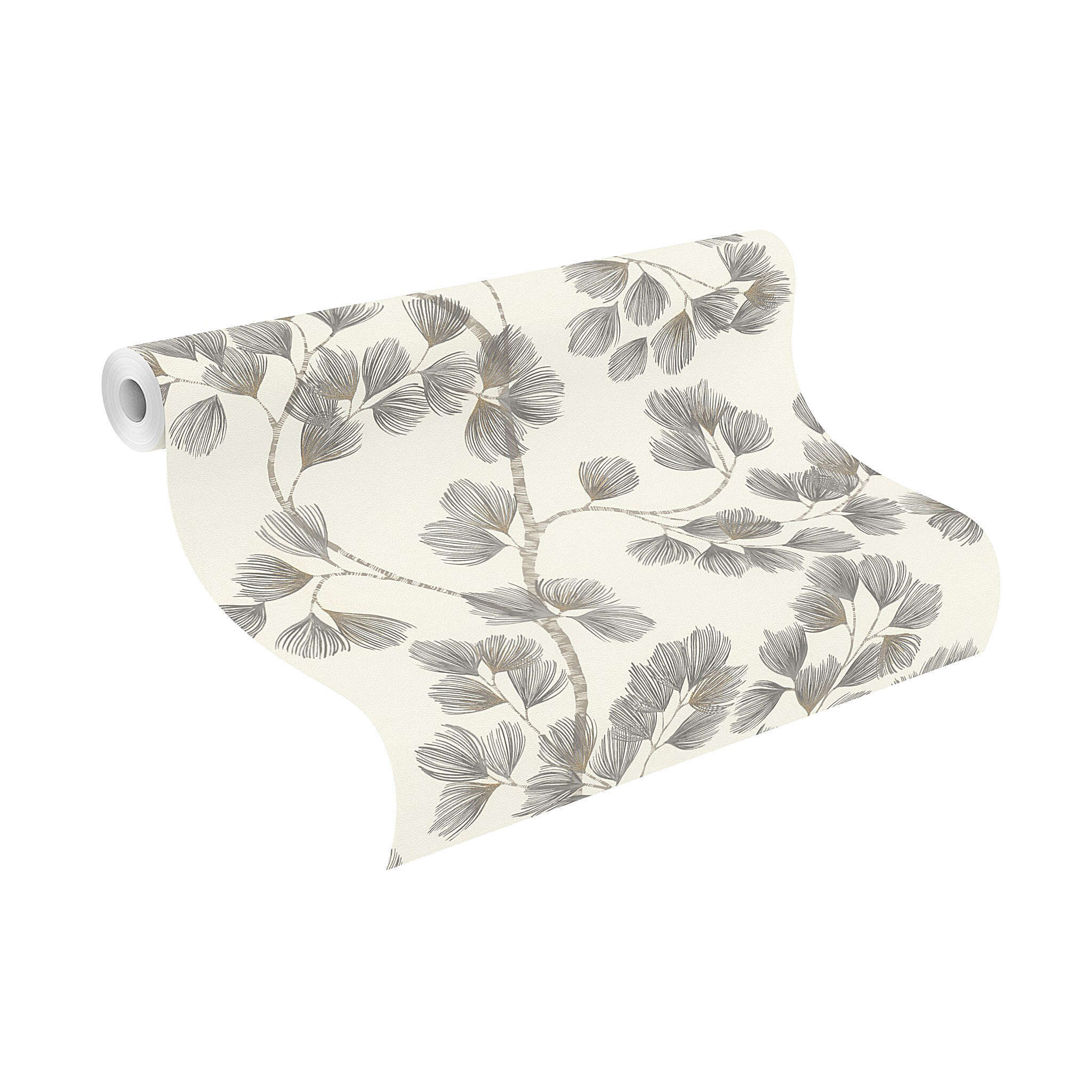 10-866933 Rolle abgerollt 1 Unrolled wallpaper roll with Wallpaper with branches and gold accents