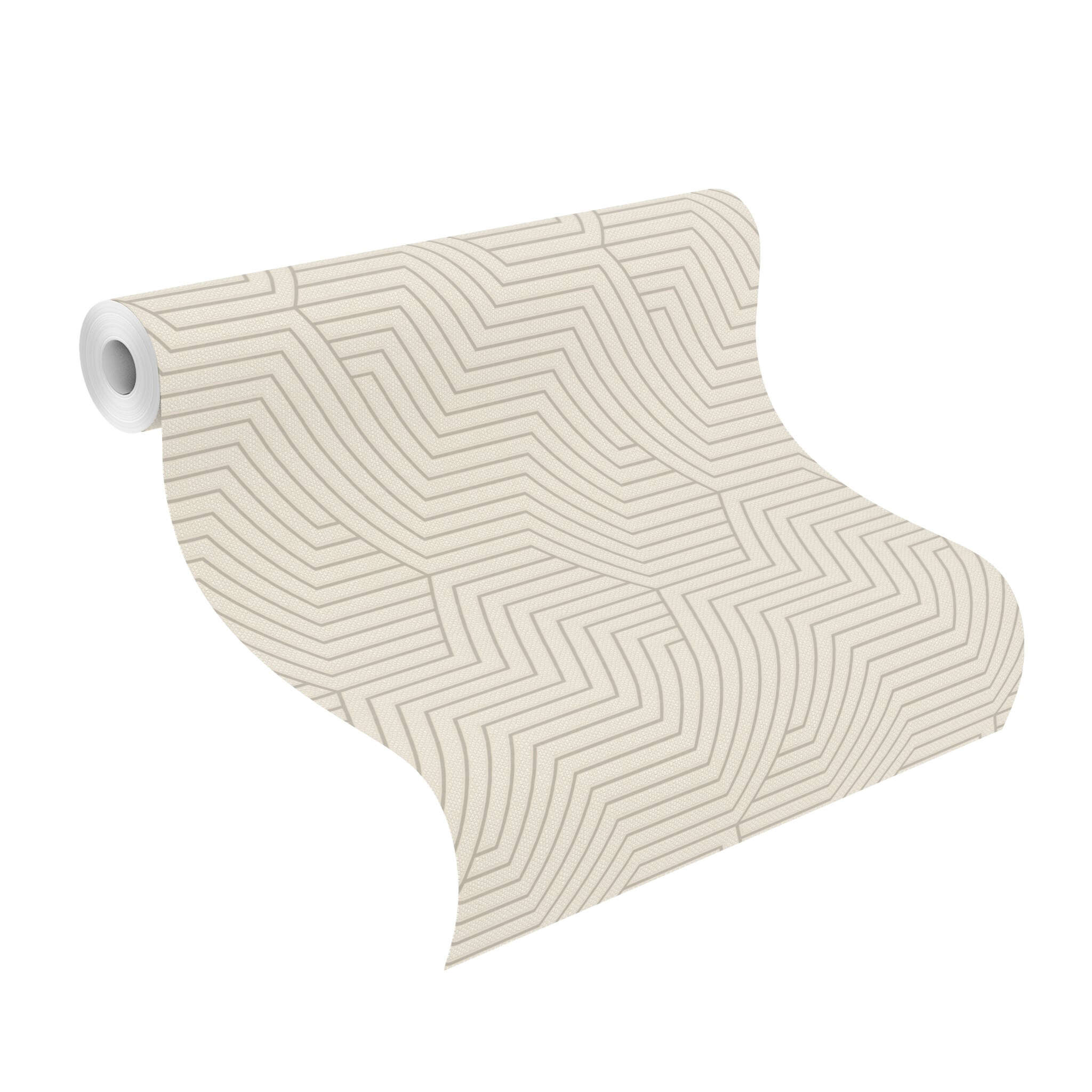 10-312515 Rolle abgerollt 1 Unrolled wallpaper roll with Non-woven wallpaper with cream background and fine hexagonal line pattern in light brown