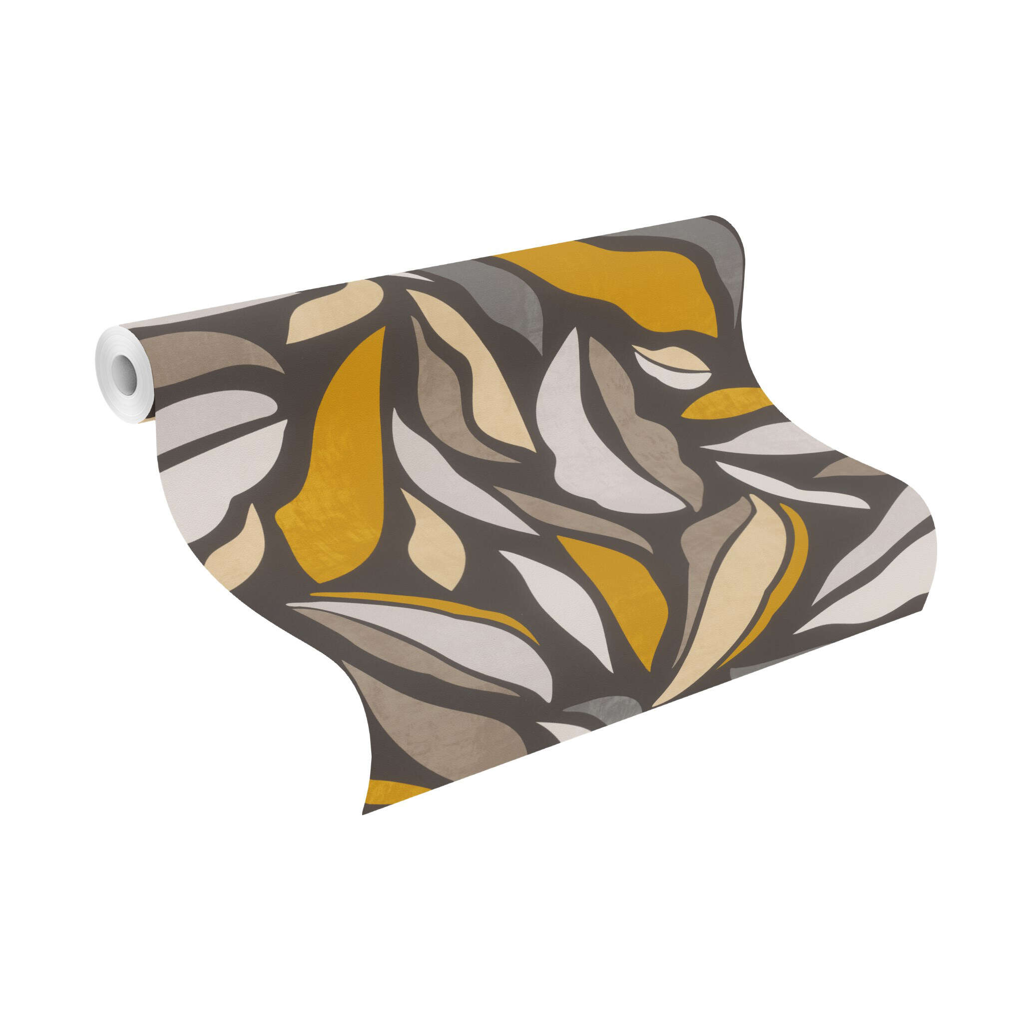 10-869316 Rolle abgerollt 1 Unrolled wallpaper roll with Abstract leaves in curved shapes in grey, yellow, ochre and beige