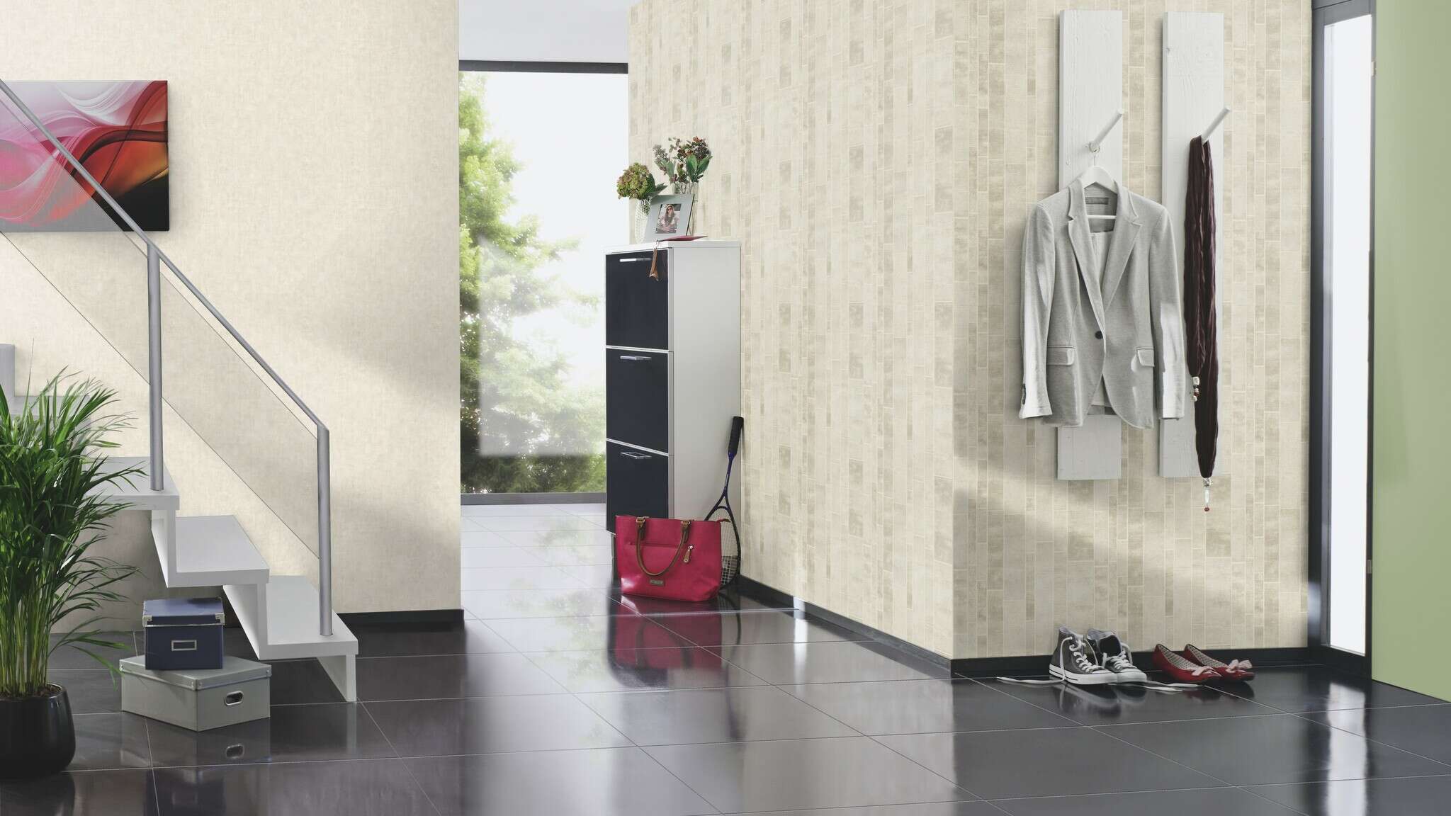 10-429213 Raumsituationen 7 Room with Non-woven wallpaper with a fine, irregular texture in an ivory tone.