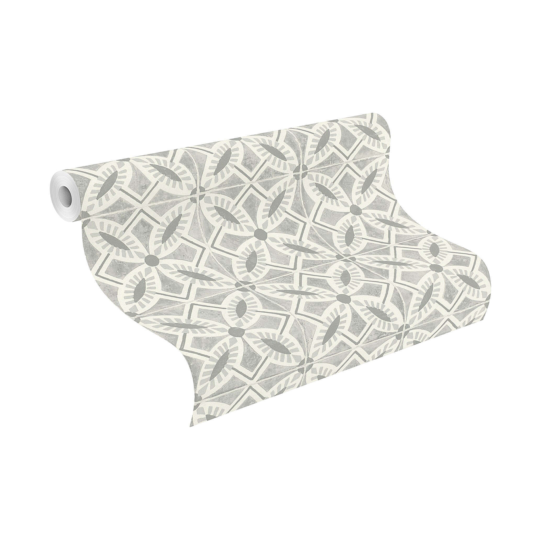 10-410259 Rolle abgerollt 1 Unrolled wallpaper roll with Grey non-woven wallpaper in a vintage tile style with delicate ornaments – modern and nostalgic at the same time.